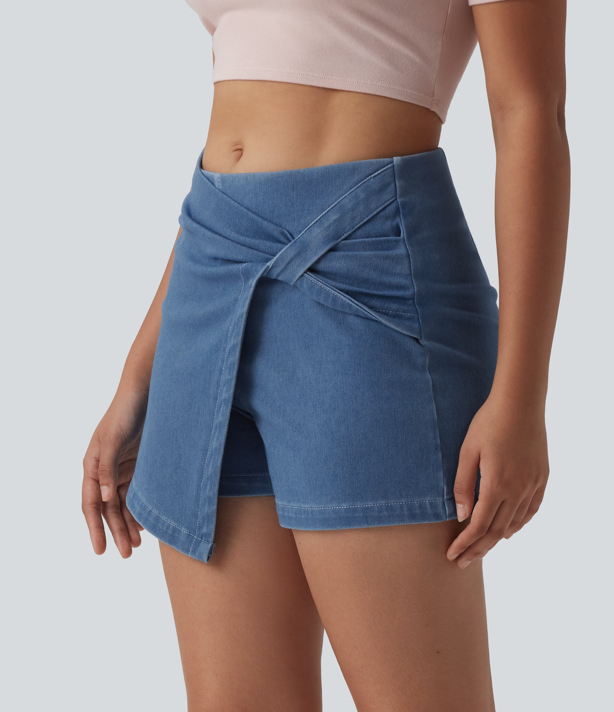 Mid Rise Micro Mini Denim Casual Skort — Powder Blue Denim — view 3