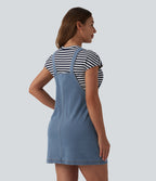 Square Neck Denim Mini Casual Dress with Pockets — Malibu Blue Denim — view 2