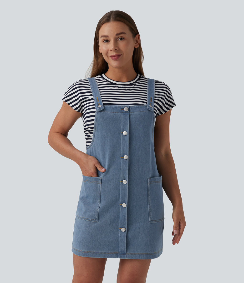Square Neck Denim Mini Casual Dress with Pockets — Malibu Blue Denim — view 3