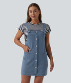 Square Neck Denim Mini Casual Dress with Pockets — Malibu Blue Denim — view 3