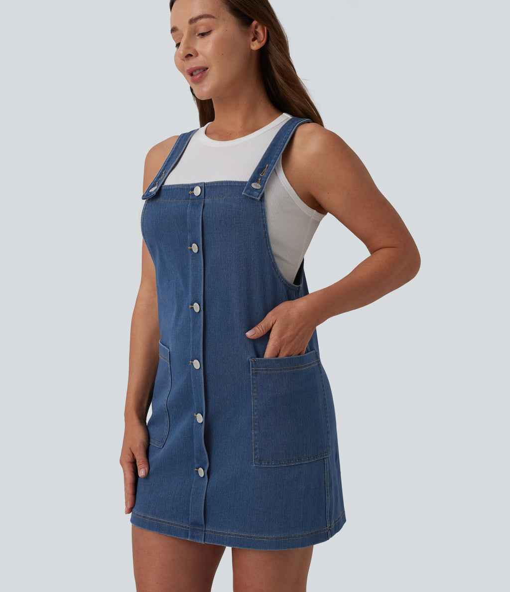 Square Neck Denim Mini Casual Dress with Pockets — Blue Jasper Denim — view 6