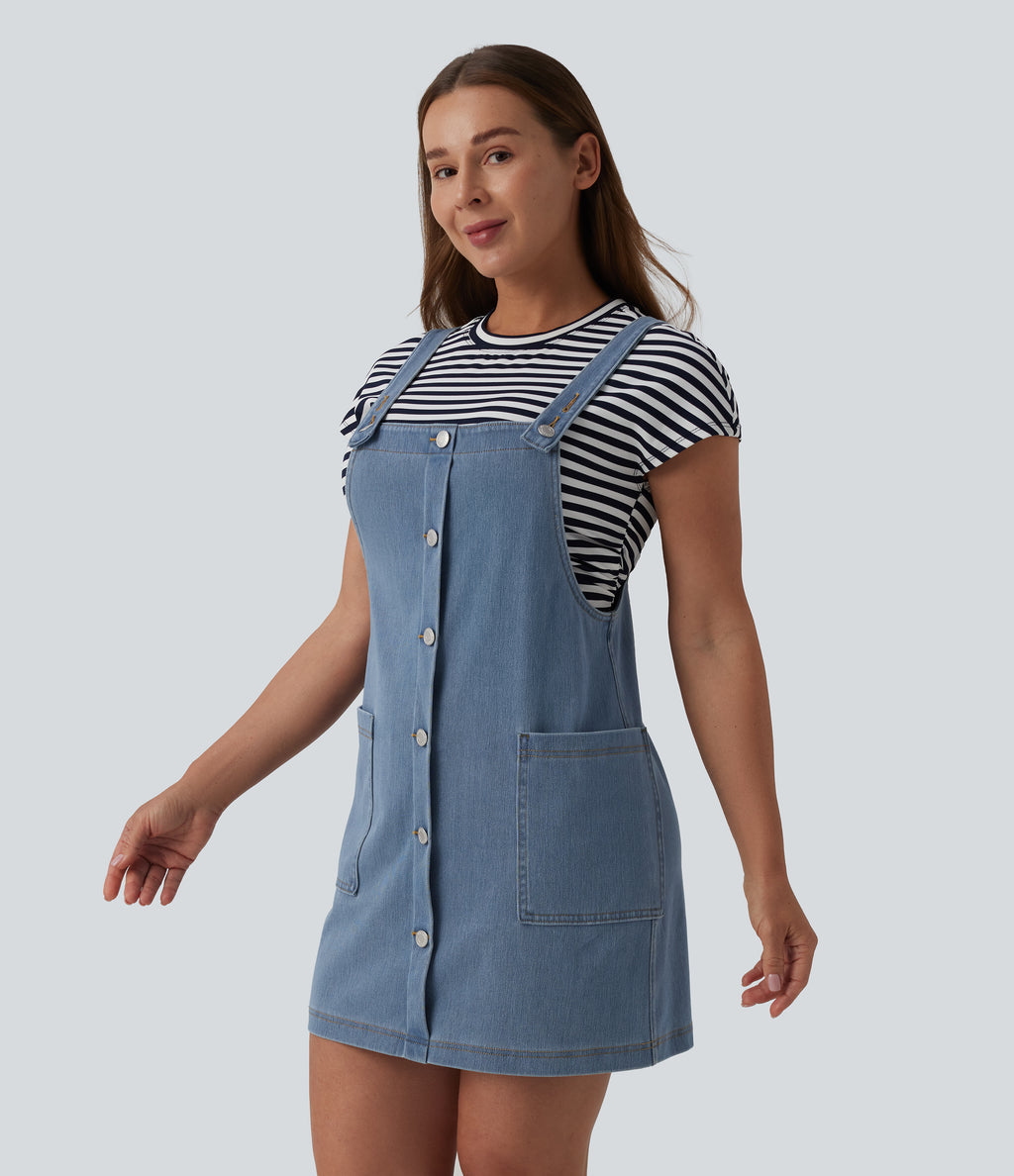 Square Neck Denim Mini Casual Dress with Pockets — Malibu Blue Denim — view 4