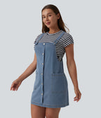 Square Neck Denim Mini Casual Dress with Pockets — Malibu Blue Denim — view 4