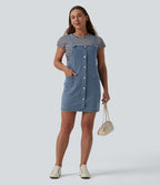 Square Neck Denim Mini Casual Dress with Pockets — Malibu Blue Denim — view 5