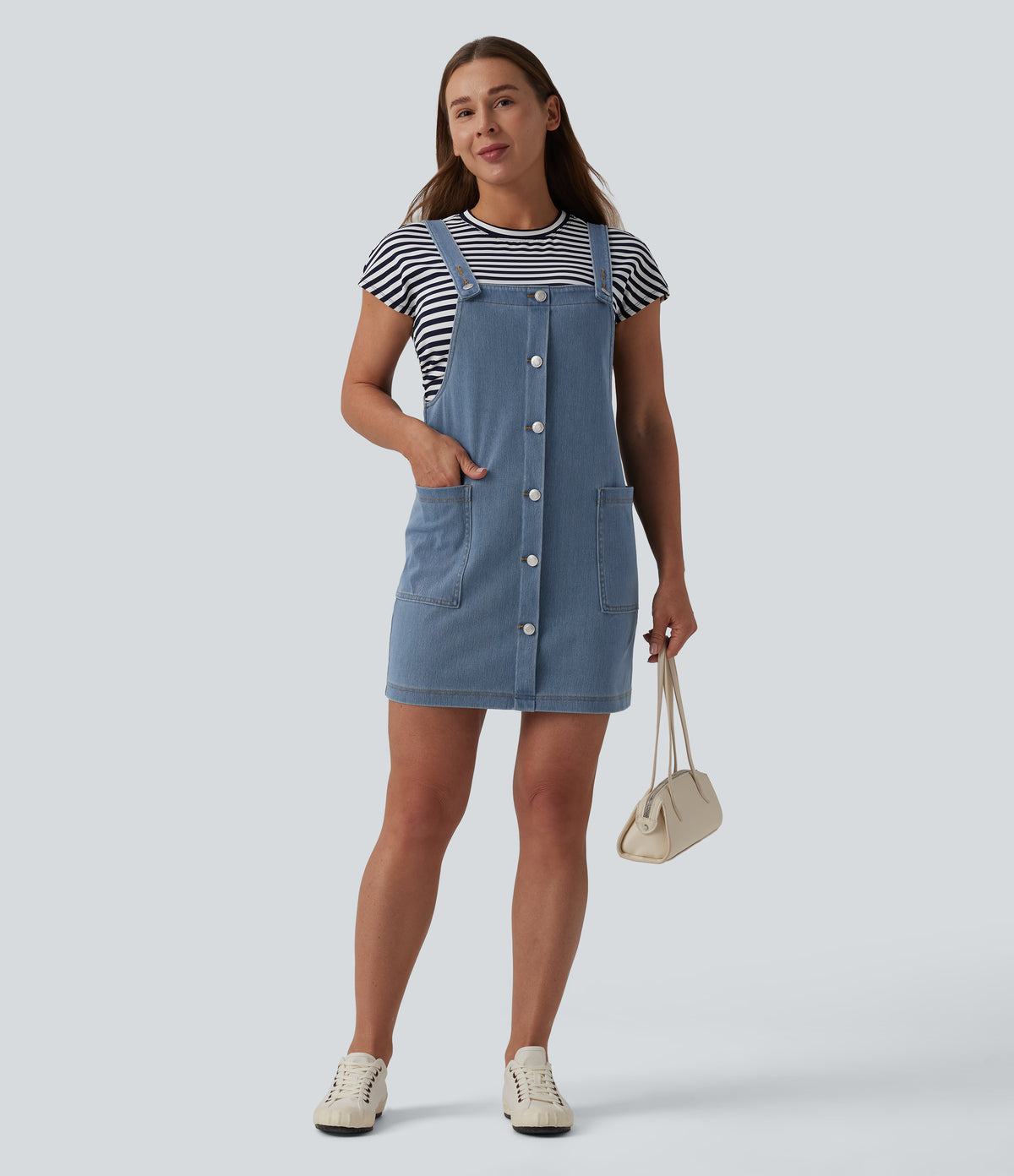 Square Neck Denim Mini Casual Dress with Pockets — Malibu Blue Denim — view 5