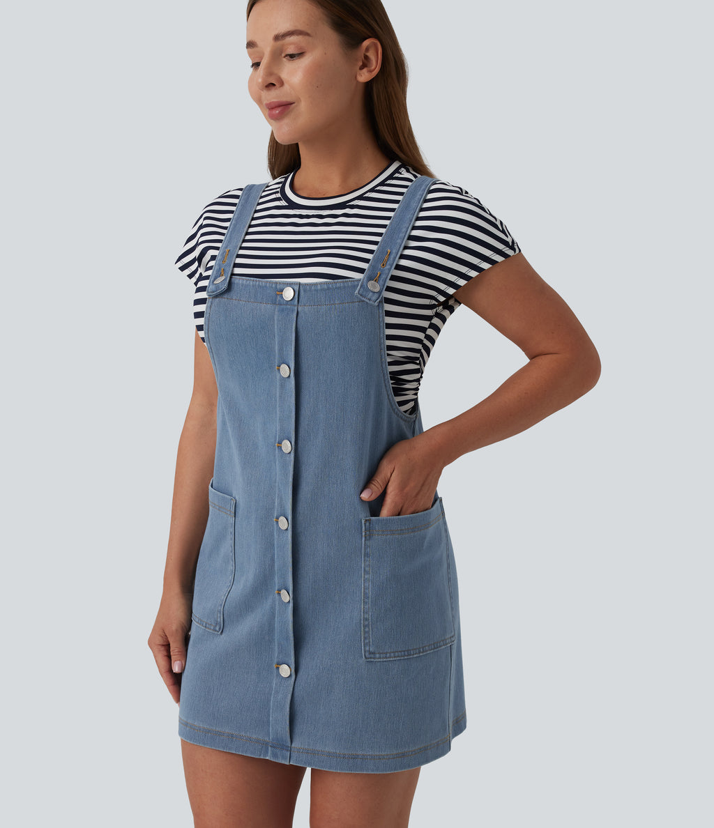 Square Neck Denim Mini Casual Dress with Pockets — Malibu Blue Denim — view 1
