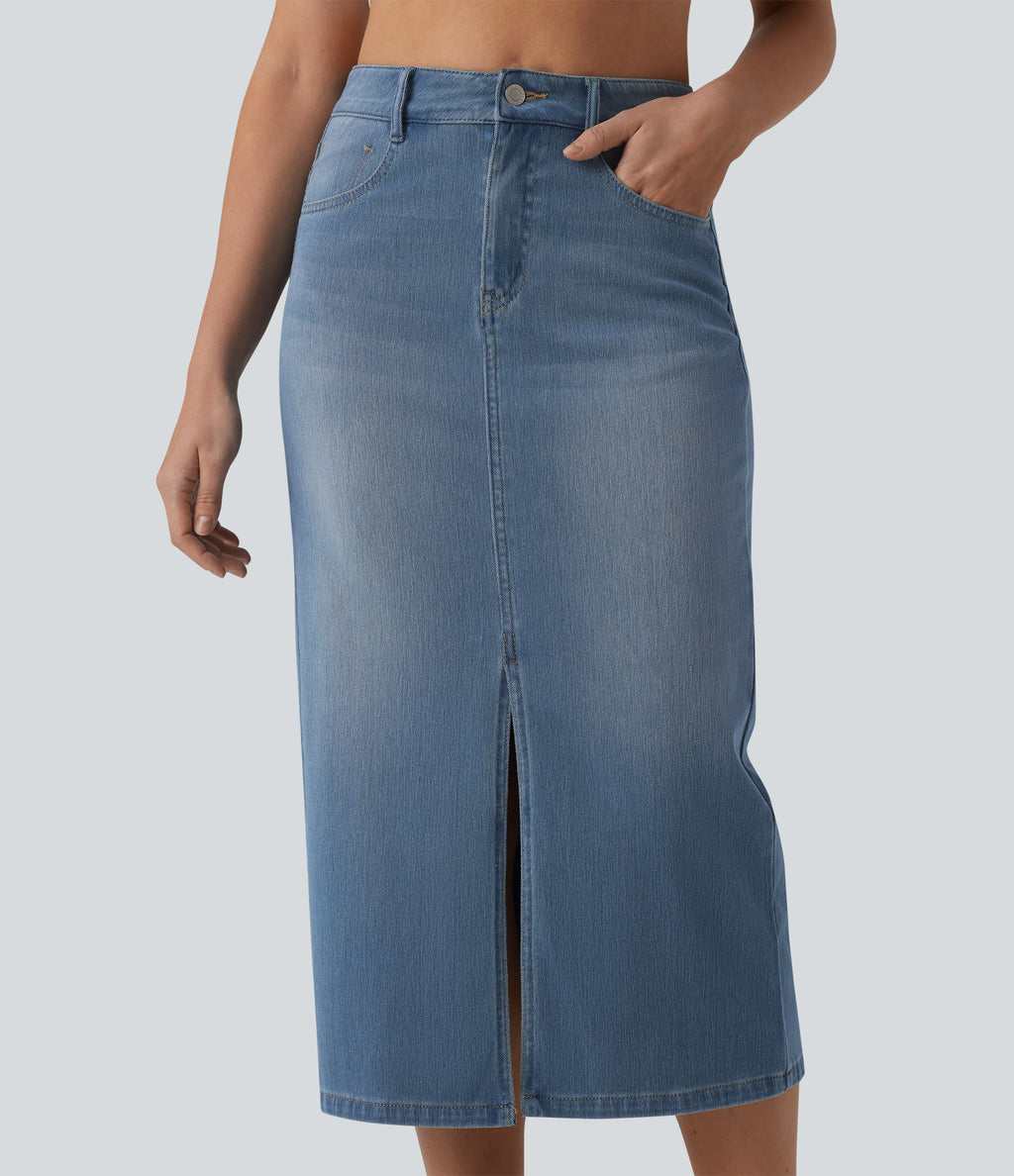 High Waisted Split Midi Denim Casual Straight Skirt with Pockets — Blue Jasper Denim — view 4