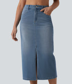 High Waisted Split Midi Denim Casual Straight Skirt with Pockets — Blue Jasper Denim — view 4