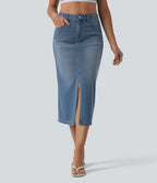 High Waisted Split Midi Denim Casual Straight Skirt with Pockets — Blue Jasper Denim — view 1
