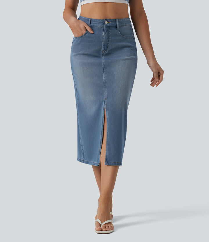 High Waisted Split Midi Denim Casual Straight Skirt with Pockets — Blue Jasper Denim — view 1
