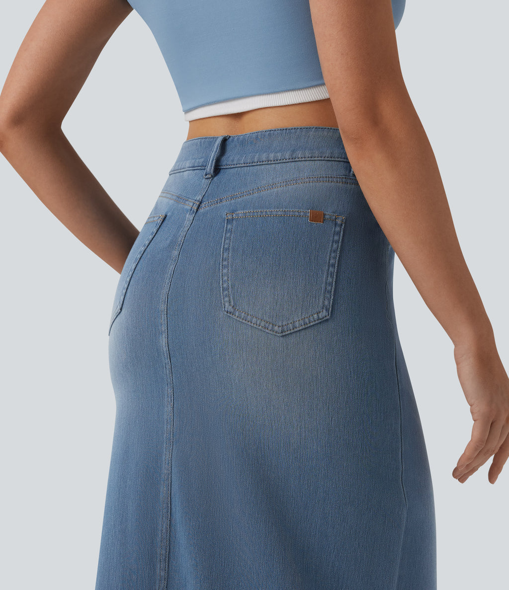 High Waisted Split Midi Denim Casual Straight Skirt with Pockets — Blue Jasper Denim — view 5