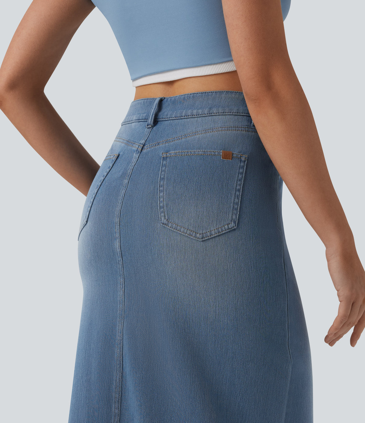 High Waisted Split Midi Denim Casual Straight Skirt with Pockets — Blue Jasper Denim — view 5