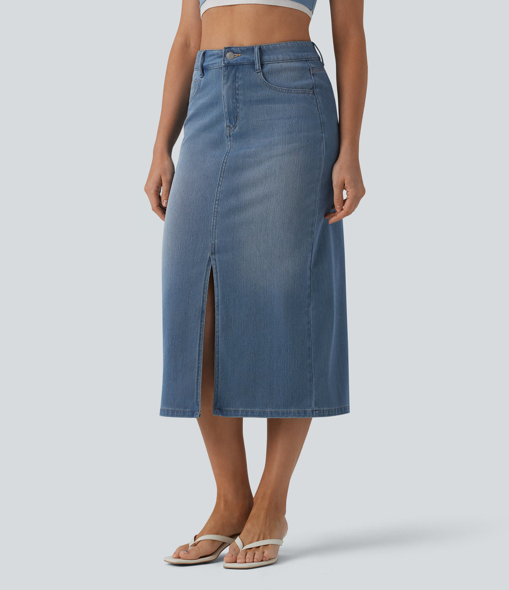 High Waisted Split Midi Denim Casual Straight Skirt with Pockets — Blue Jasper Denim — view 3
