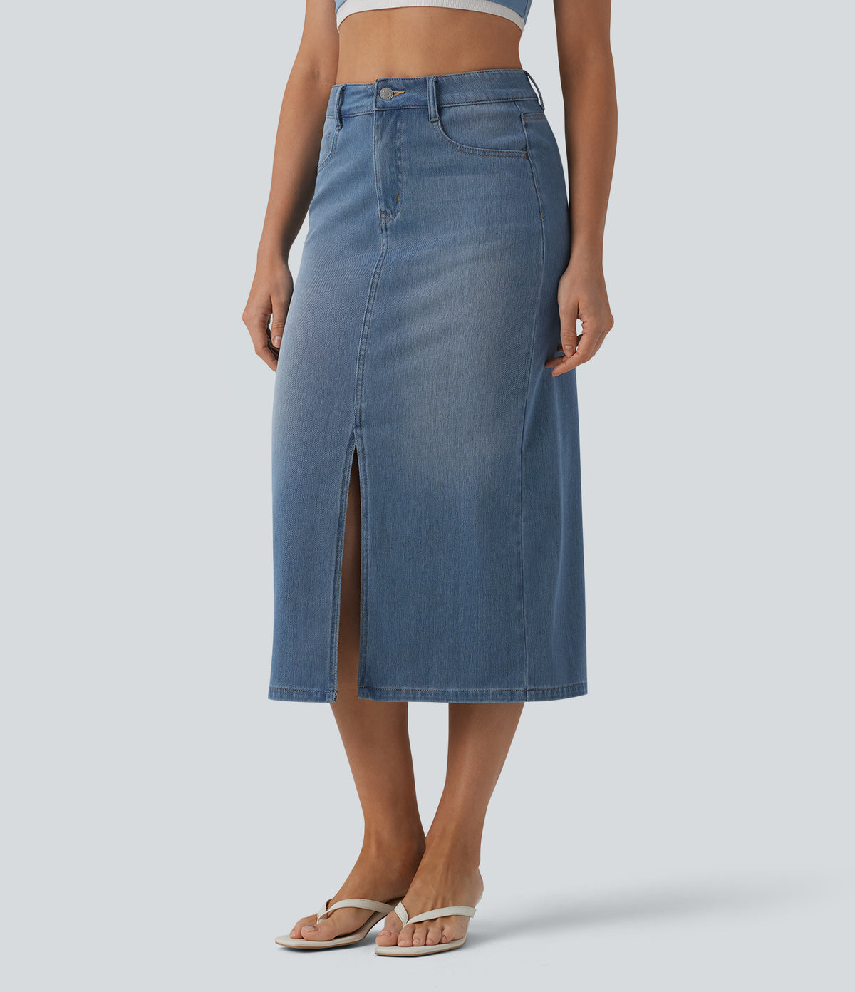 High Waisted Split Midi Denim Casual Straight Skirt with Pockets — Blue Jasper Denim — view 3