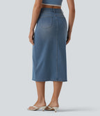 High Waisted Split Midi Denim Casual Straight Skirt with Pockets — Blue Jasper Denim — view 2