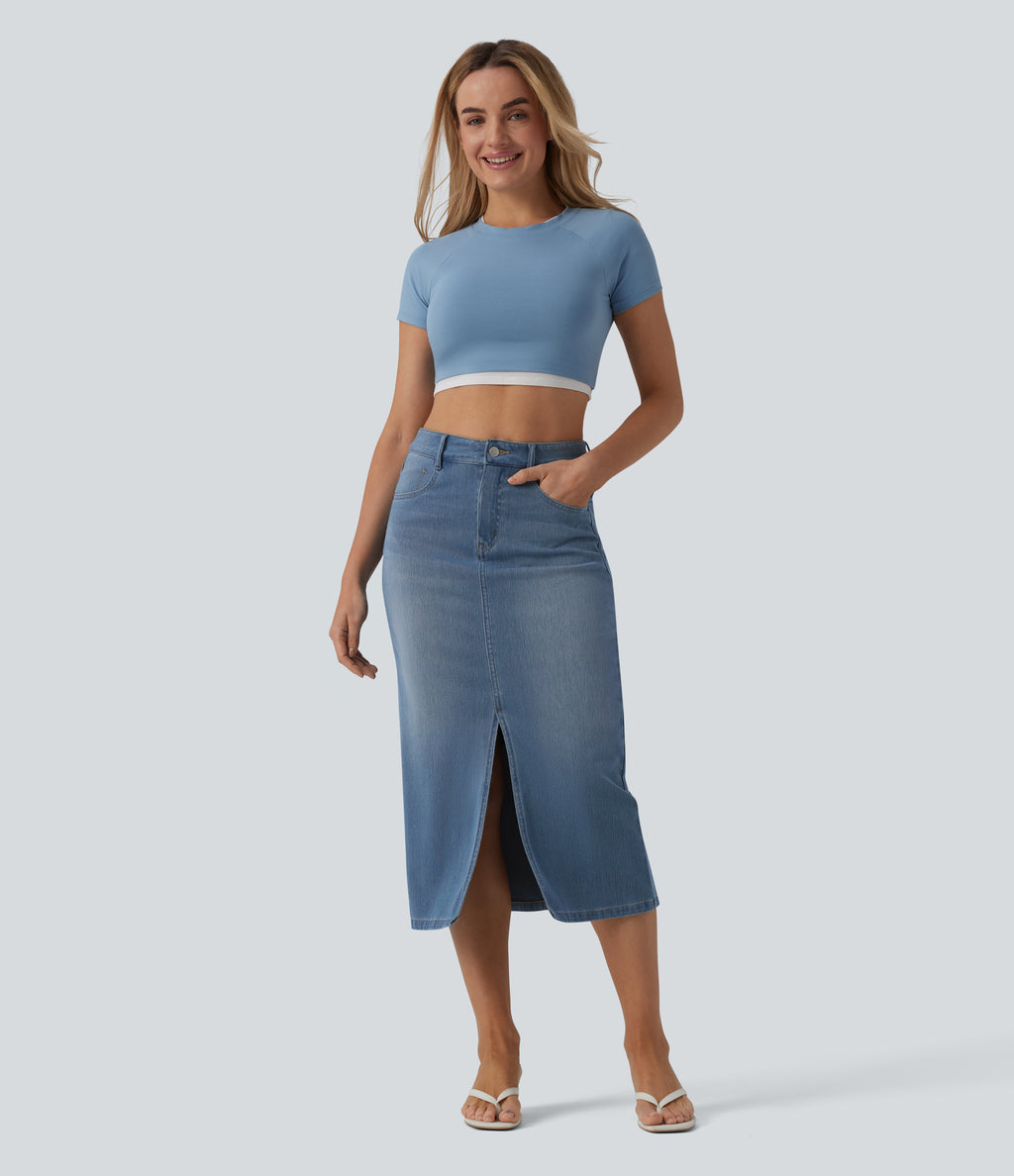 High Waisted Split Midi Denim Casual Straight Skirt with Pockets — Blue Jasper Denim — view 6