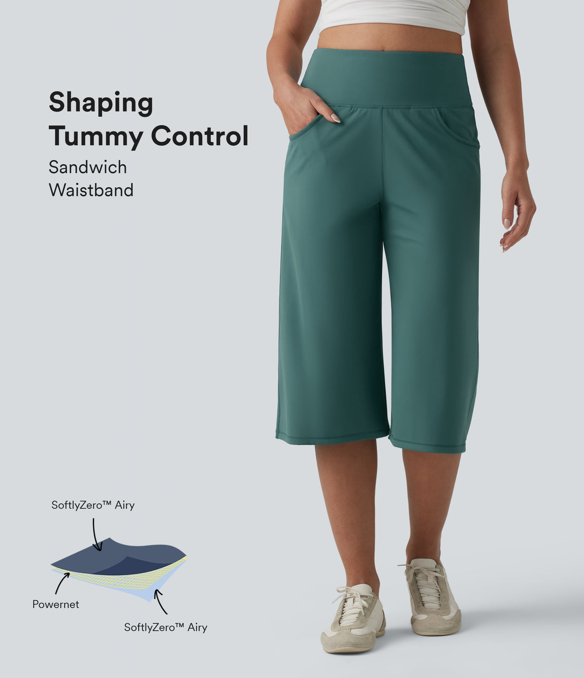 Airy High Waisted Tummy Control InstantCool Casual Capri Baggy Trousers with Pockets — Blue Spruce — view 1
