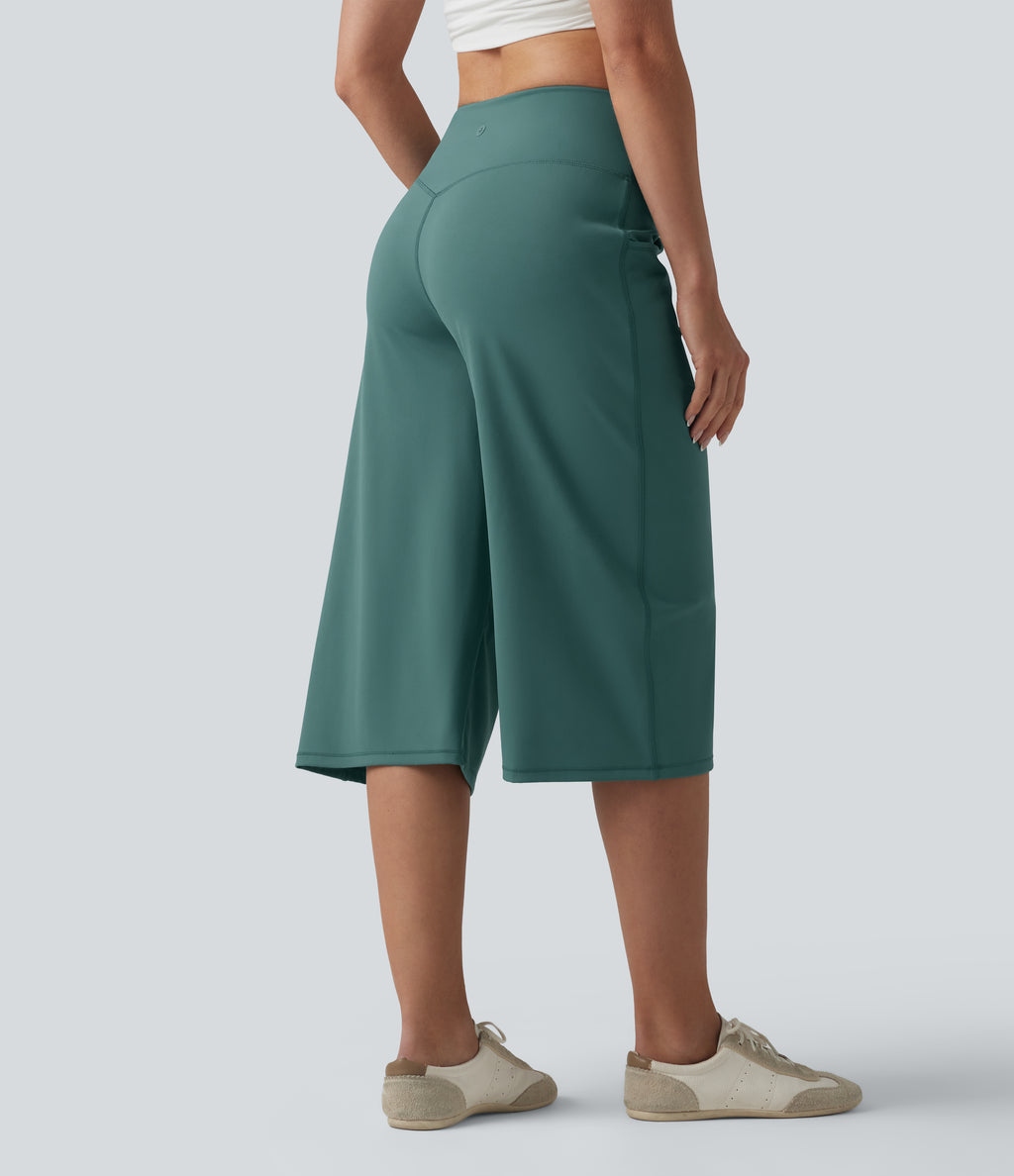 Airy High Waisted Tummy Control InstantCool Casual Capri Baggy Trousers with Pockets — Blue Spruce — view 2