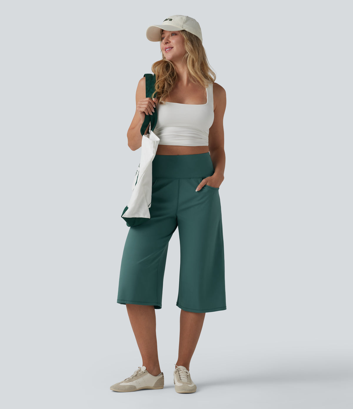 Airy High Waisted Tummy Control InstantCool Casual Capri Baggy Trousers with Pockets — Blue Spruce — view 6