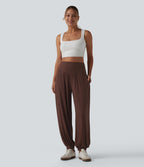 Ribbed Knit High Waisted Draped Casual Balloon Joggers with Pockets — Chocolate Fondant — view 6