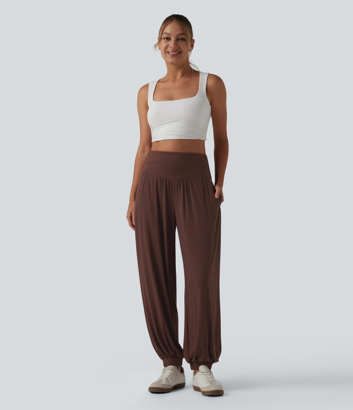 Ribbed Knit High Waisted Draped Casual Balloon Joggers with Pockets — Chocolate Fondant — view 6
