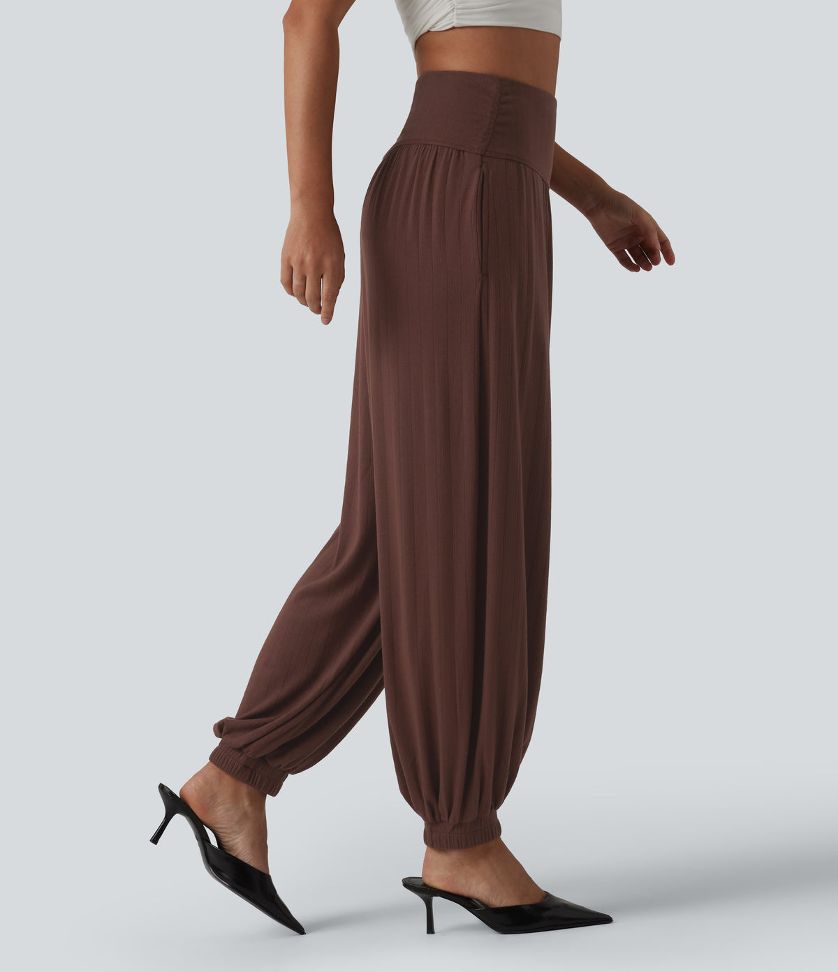 Ribbed Knit High Waisted Draped Casual Balloon Joggers with Pockets — Chocolate Fondant — view 1