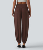 Ribbed Knit High Waisted Draped Casual Balloon Joggers with Pockets — Chocolate Fondant — view 4