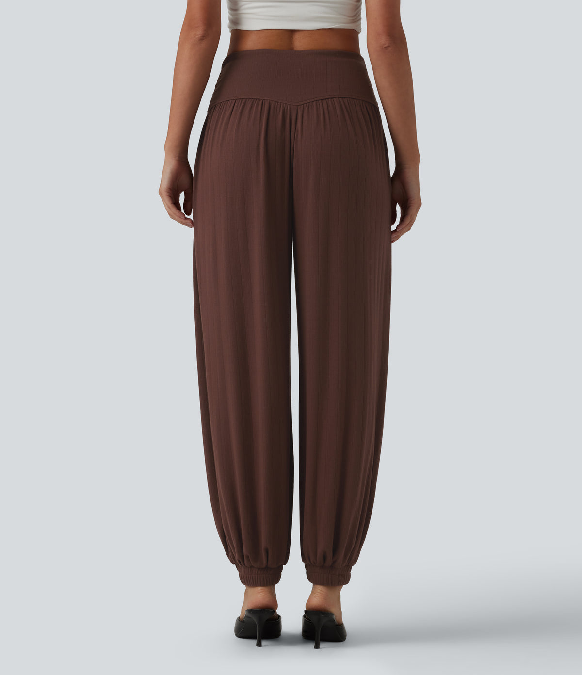 Ribbed Knit High Waisted Draped Casual Balloon Joggers with Pockets — Chocolate Fondant — view 4