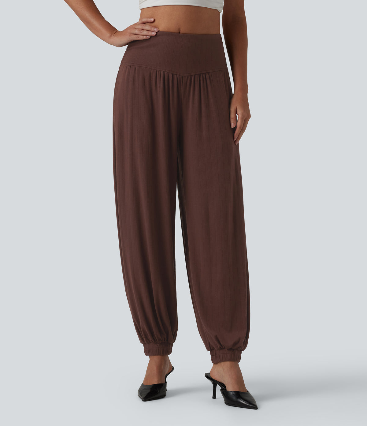 Ribbed Knit High Waisted Draped Casual Balloon Joggers with Pockets — Chocolate Fondant — view 2