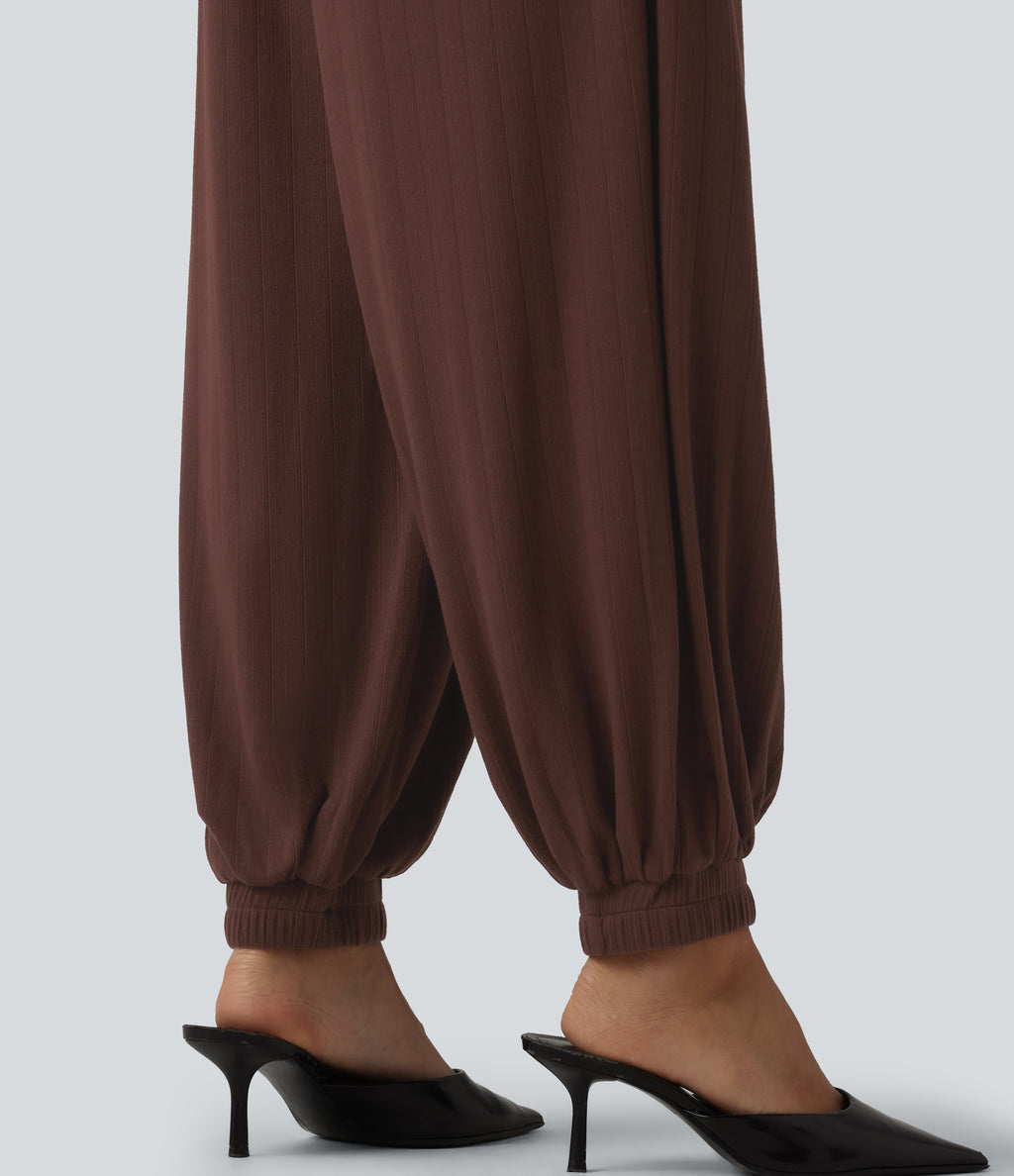 Ribbed Knit High Waisted Draped Casual Balloon Joggers with Pockets — Chocolate Fondant — view 5