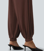 Ribbed Knit High Waisted Draped Casual Balloon Joggers with Pockets — Chocolate Fondant — view 5