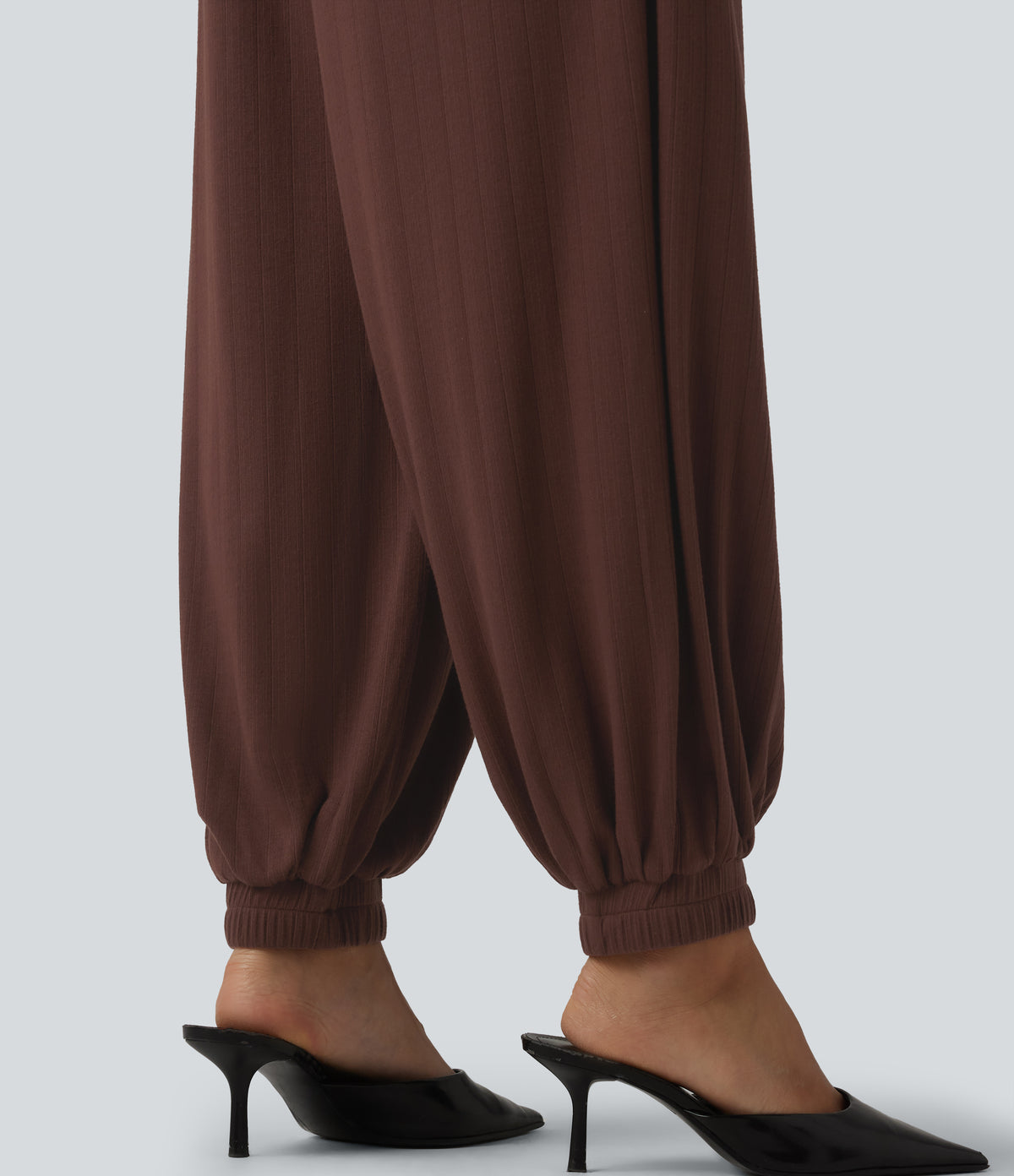 Ribbed Knit High Waisted Draped Casual Balloon Joggers with Pockets — Chocolate Fondant — view 5
