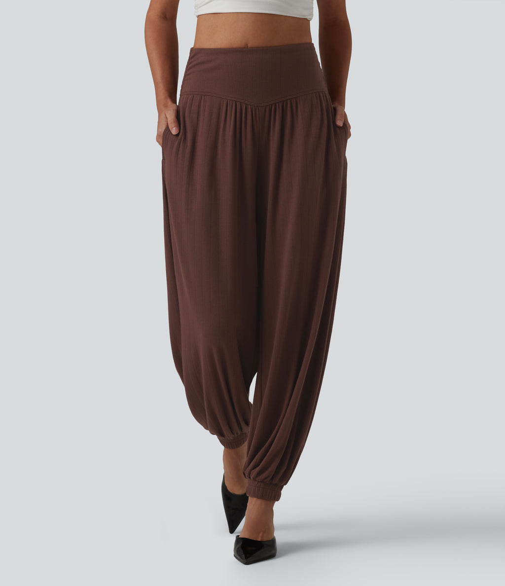 Ribbed Knit High Waisted Draped Casual Balloon Joggers with Pockets — Chocolate Fondant — view 3