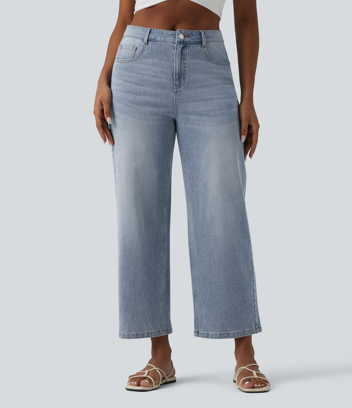 Mid Rise 7/8 Wide Leg Casual Jeans with Pockets — Malibu Blue Denim — view 1