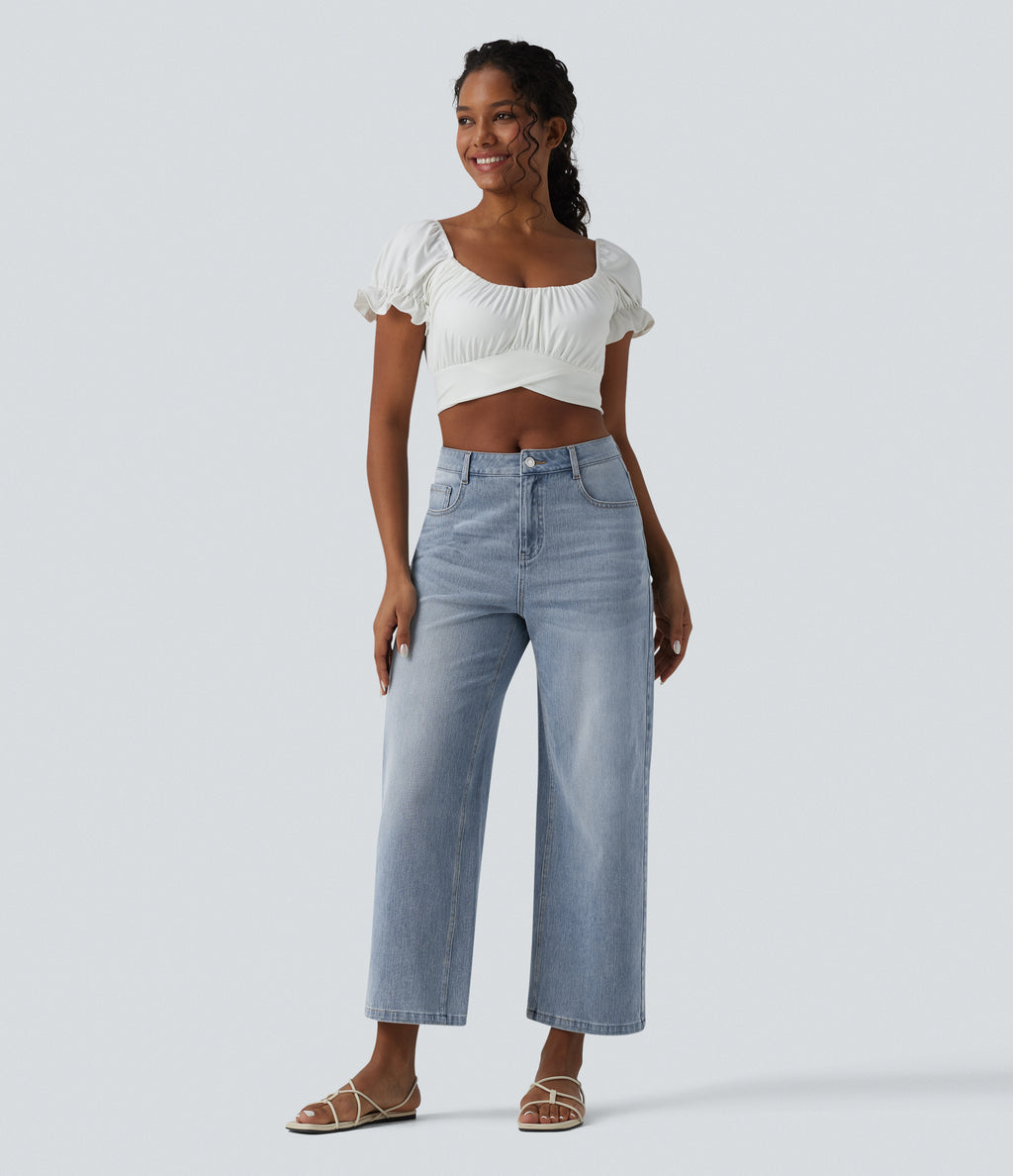 Mid Rise 7/8 Wide Leg Casual Jeans with Pockets — Malibu Blue Denim — view 6