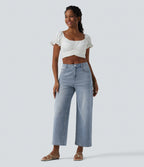Mid Rise 7/8 Wide Leg Casual Jeans with Pockets — Malibu Blue Denim — view 6