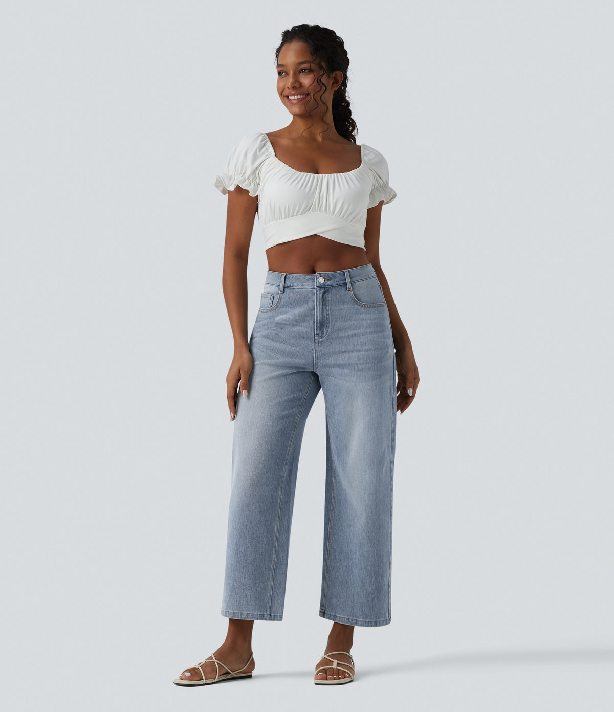 Mid Rise 7/8 Wide Leg Casual Jeans with Pockets — Malibu Blue Denim — view 6