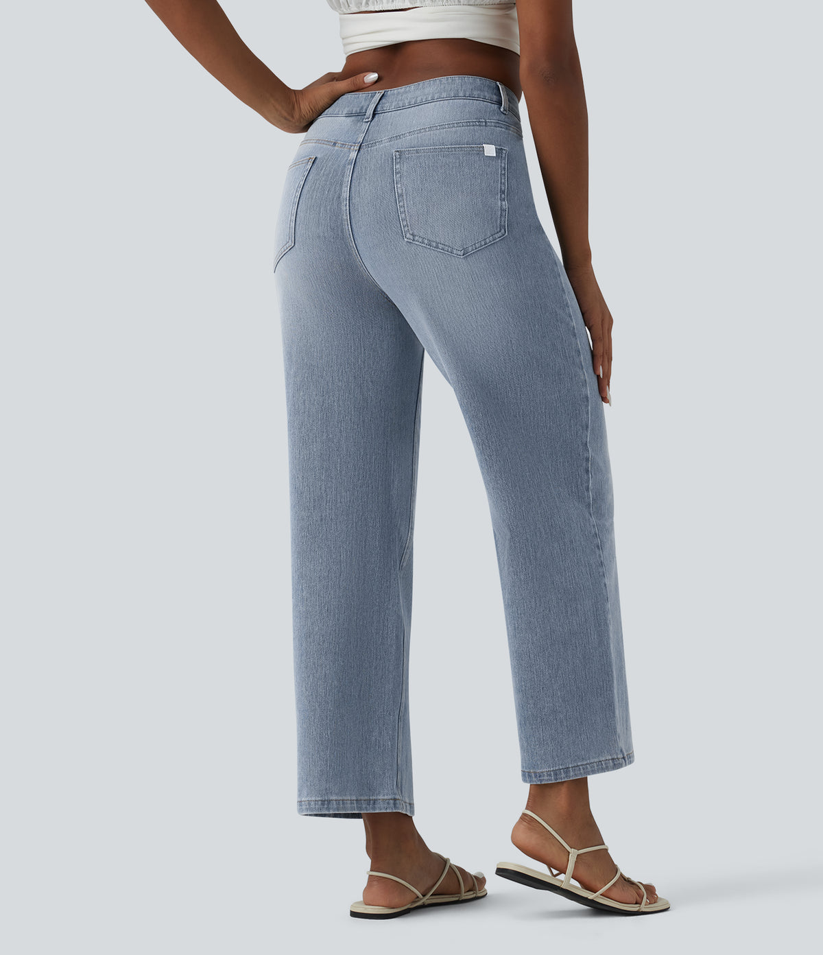 Mid Rise 7/8 Wide Leg Casual Jeans with Pockets — Malibu Blue Denim — view 2