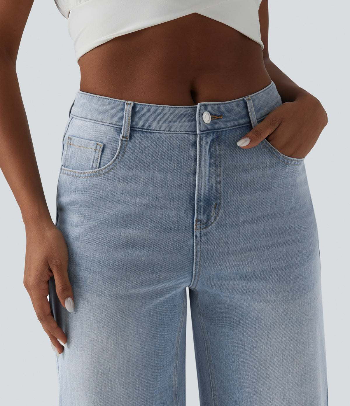 Mid Rise 7/8 Wide Leg Casual Jeans with Pockets — Malibu Blue Denim — view 4