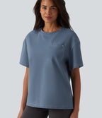 Round Neck Short Sleeve Denim Casual T-Shirt with Pocket — Blue Jasper Denim — view 1