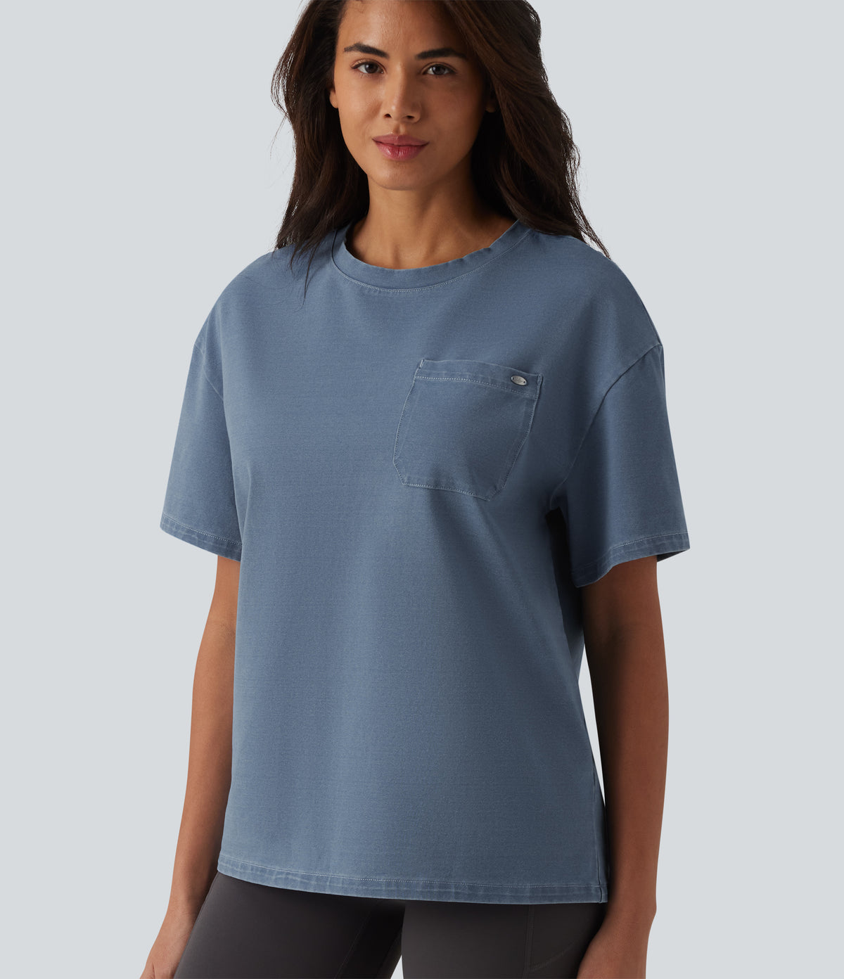 Round Neck Short Sleeve Denim Casual T-Shirt with Pocket — Blue Jasper Denim — view 1