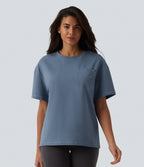 Round Neck Short Sleeve Denim Casual T-Shirt with Pocket — Blue Jasper Denim — view 3