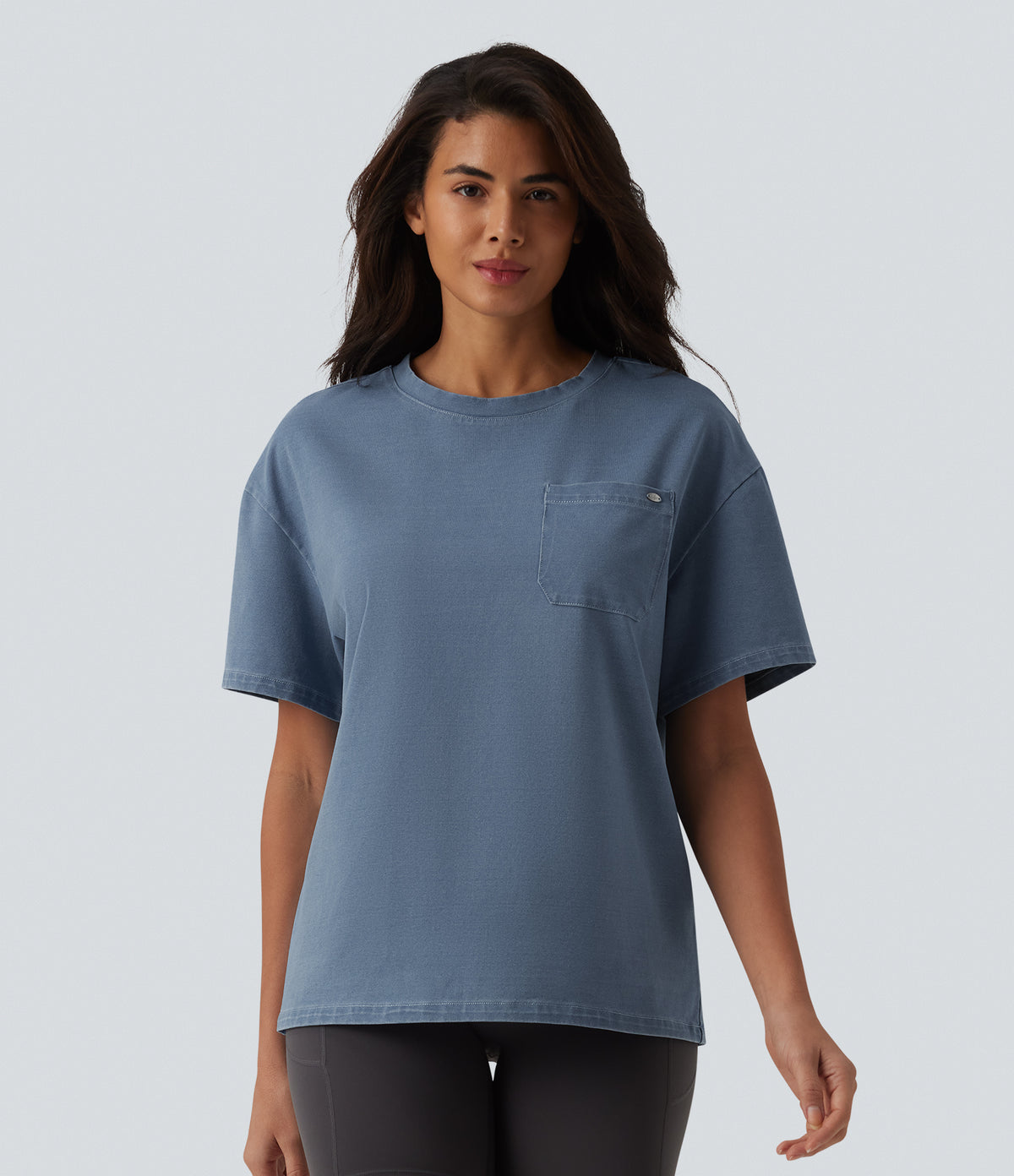 Round Neck Short Sleeve Denim Casual T-Shirt with Pocket — Blue Jasper Denim — view 3
