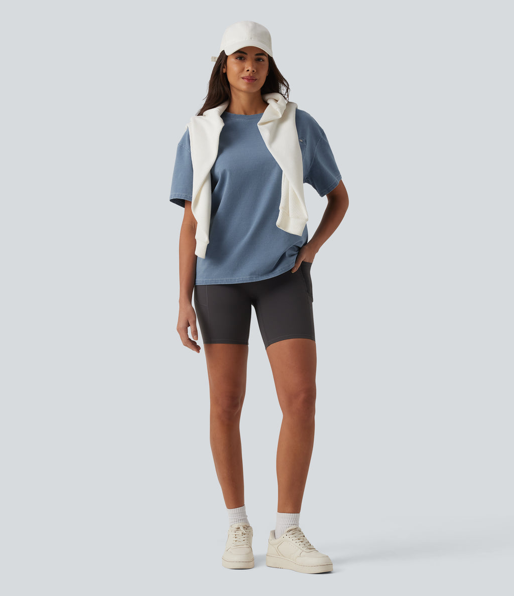 Round Neck Short Sleeve Denim Casual T-Shirt with Pocket — Blue Jasper Denim — view 5