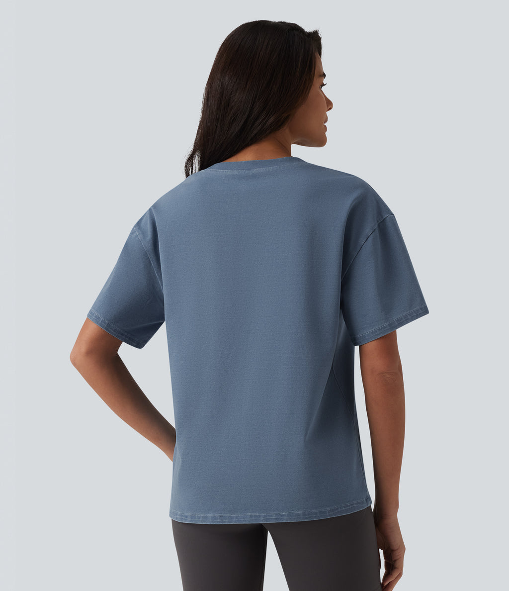 Round Neck Short Sleeve Denim Casual T-Shirt with Pocket — Blue Jasper Denim — view 2
