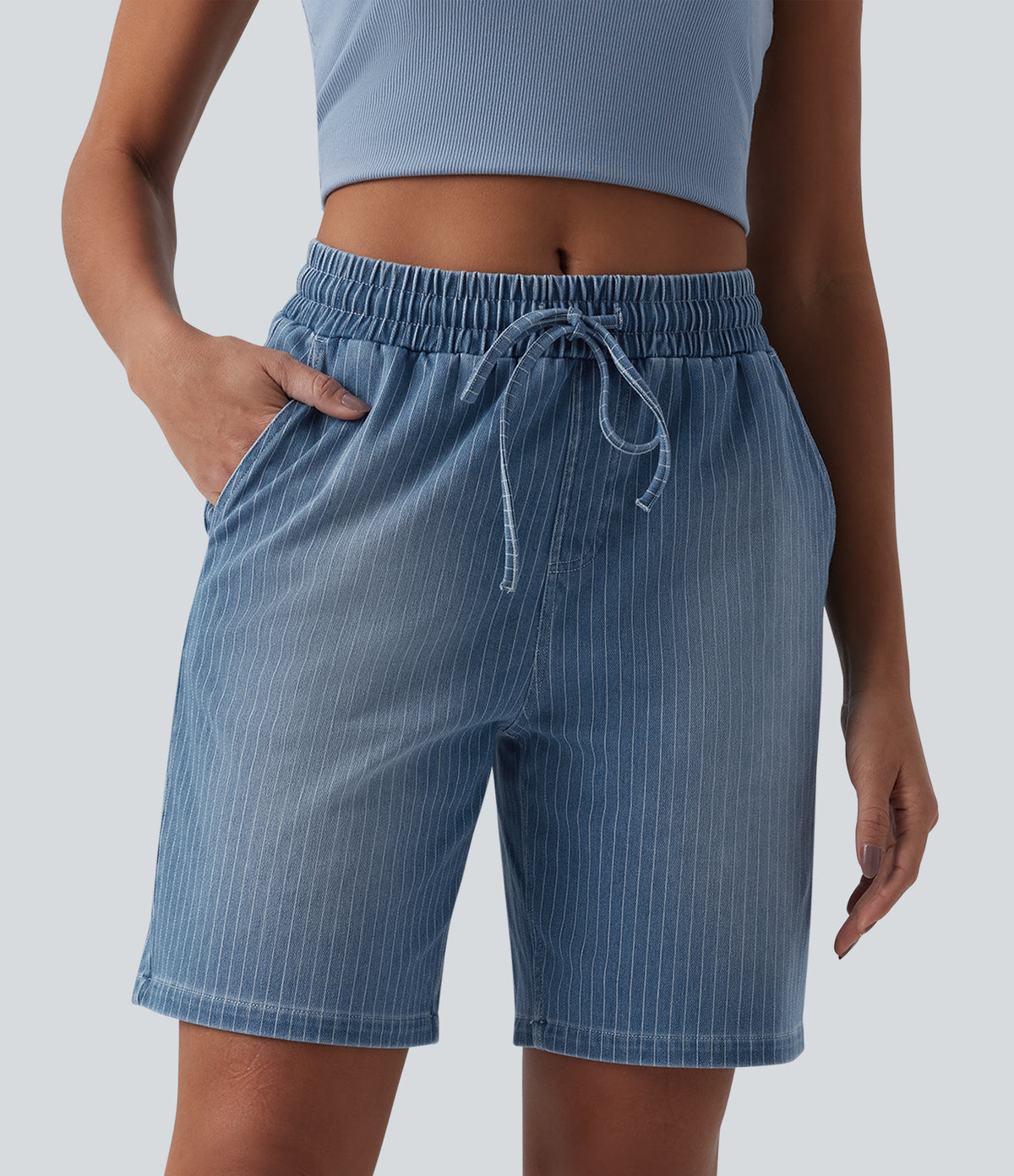 Mid Rise Drawstring Denim Casual Shorts with Pockets — Malibu Blue Denim — view 3