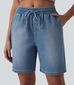 Mid Rise Drawstring Denim Casual Shorts with Pockets — Malibu Blue Denim — view 5
