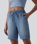 Mid Rise Drawstring Denim Casual Shorts with Pockets — Malibu Blue Denim — view 1