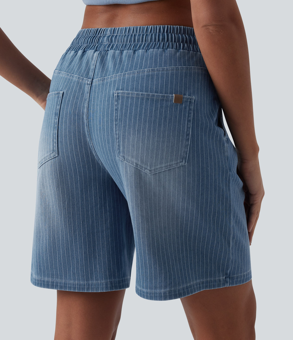 Mid Rise Drawstring Denim Casual Shorts with Pockets — Malibu Blue Denim — view 4