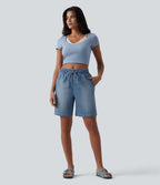 Mid Rise Drawstring Denim Casual Shorts with Pockets — Malibu Blue Denim — view 6